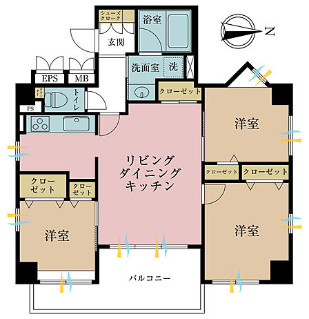 3LDK、専有面積63.28m2、バルコニー面積8.47m2