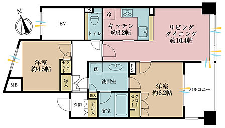 2LDK、専有面積55.49m2、バルコニー面積4.8m2