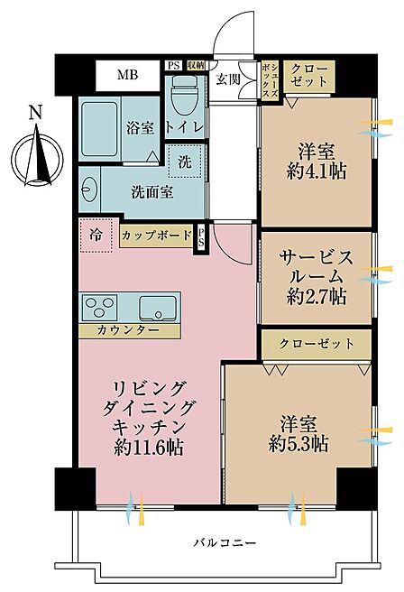 2LDK+S(納戸)、専有面積54.9m2、バルコニー面積8.31m2