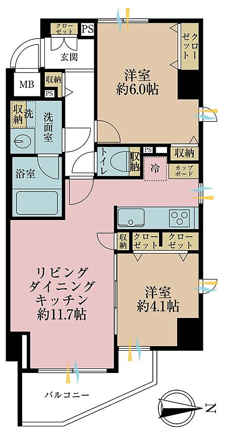 2LDK、専有面積51.8?、バルコニー面積4.66?