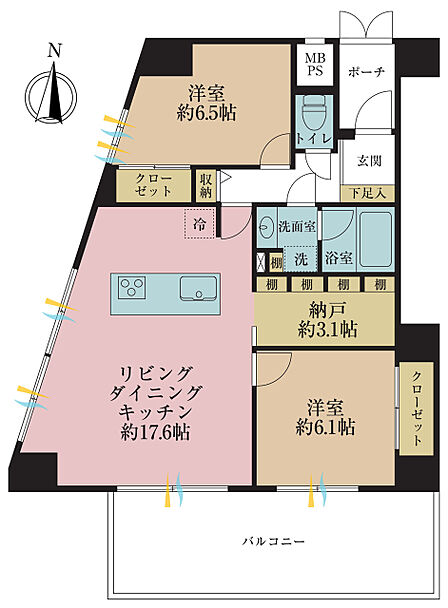 2LDK+S(納戸)、専有面積74.6m2、バルコニー面積17.52m2