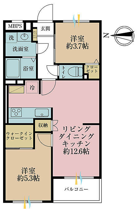 2LDK、専有面積51.22m2、バルコニー面積3.38m2