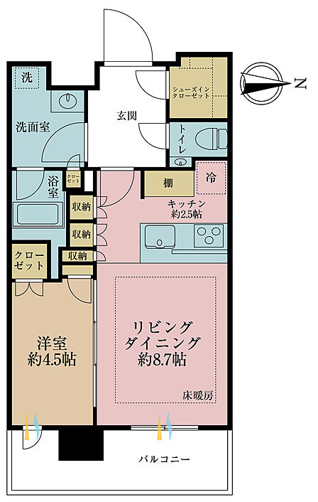 1LDK、専有面積42.51m2、バルコニー面積9.59m2
