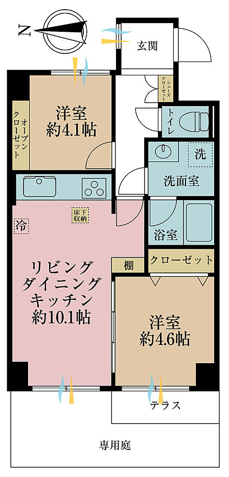 2LDK、専有面積45.77m2、バルコニー面積3.78m2