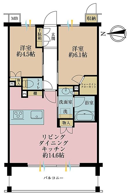 2LDK、専有面積55.77m2、バルコニー面積10.35m2