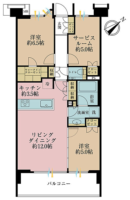 2LDK+S（納戸）、専有面積71.07m2、バルコニー面積10.02m2