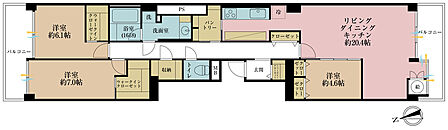 3LDK、専有面積105.15m2、バルコニー面積7.08m2