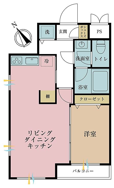 1LDK、専有面積43.21m2、バルコニー面積2.32m2