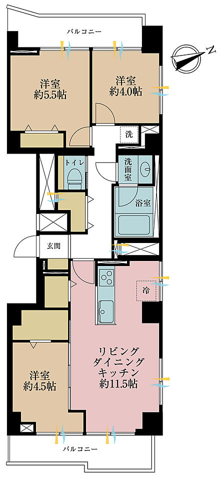 3LDK、専有面積66.96m2、バルコニー面積11.66m2