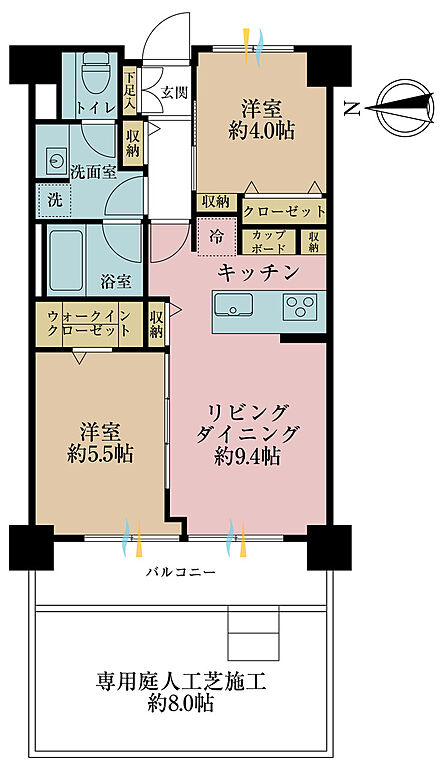 2LDK、専有面積45.3m2、バルコニー面積6.82m2