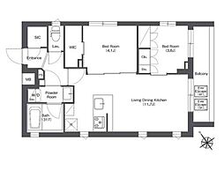 コンフォリア不動前 2階2LDKの間取り