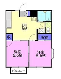 コーポラス真岡B 2階2DKの間取り