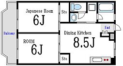 都営新宿線 一之江駅 徒歩17分の賃貸マンション 2階2LDKの間取り