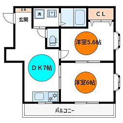 JR総武線 新小岩駅 徒歩23分の賃貸マンション 2階2DKの間取り