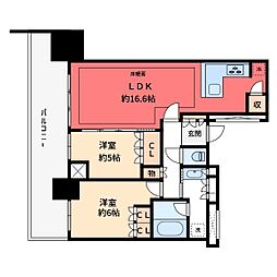 プラウドタワー小岩ファースト 20階2LDKの間取り