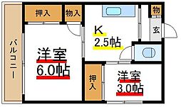 吉岡荘 1階2Kの間取り