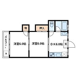 倉沢第2コーポ 2階2DKの間取り