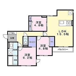 Ｇｒａｎ　Ｖｉｅｖｌｅ北花田 2階2LDKの間取り