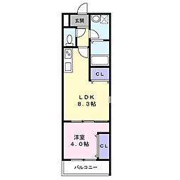 セジュール堺東 2階1LDKの間取り