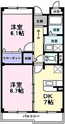 インヴィテ・ボヌ−ル2番館 3階2DKの間取り