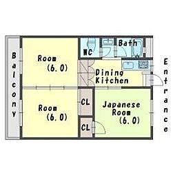 北野田マンション巽B棟 3DKの間取図画像