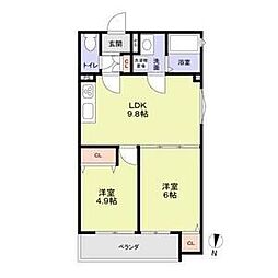 ＣＡＳＡ　ＣＡＬＭＡ菱木 3階2LDKの間取り
