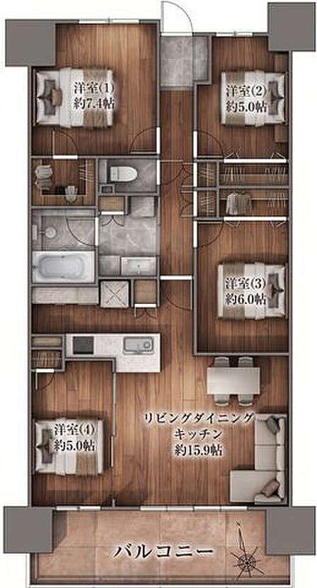 【間取り図】4LDK、専有面積86.56m2、バルコニー面積13.80m2