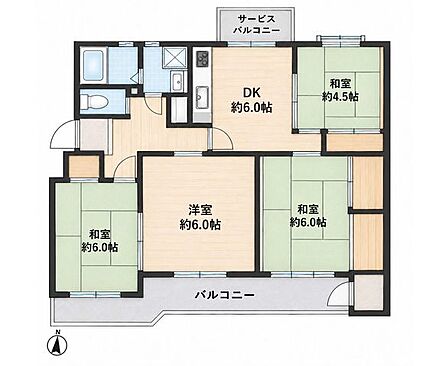 【間取り図】4DK、専有面積71.53m2、バルコニー面積14.14m2