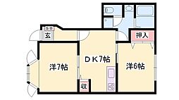 ソレイユ東山1棟 2DKの間取図画像