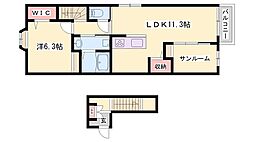 サンセールIIB 2階1LDKの間取り