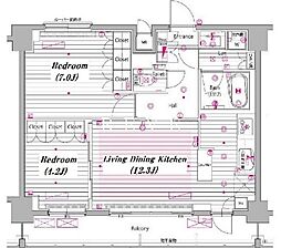都営浅草線 高輪台駅 徒歩12分の賃貸マンション 12階2LDKの間取り