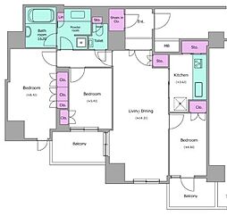 JR山手線 五反田駅 徒歩8分の賃貸マンション 25階3LDKの間取り