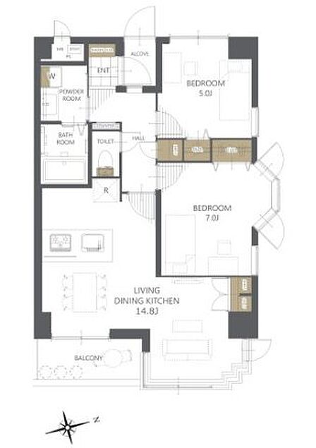 広々としたリビングダイニングキッチンと2つのベッドルームを備えた間取図。バルコニーも設けられ、開放感のある暮らしを演出します。