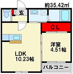 エクスヴィータ新入 2階1LDKの間取り