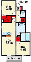 クレール本城2 2LDKの間取図画像