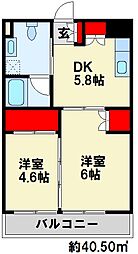 オアーゼ上の原 2DKの間取図画像