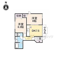 ファインヴィラＢ 1階2DKの間取り