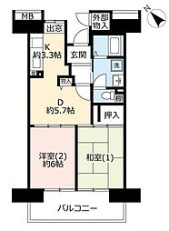 UR都市機構コンフォール仏向町1号棟 2DKの間取図画像