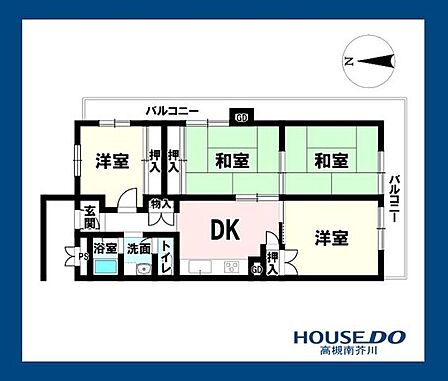 和室2室+洋室2室のゆとりある4DK各居室に収納を備え、家族それぞれのプライベート空間を確保できます2面バルコニーで通風・採光良好和室は客間やお子様の遊び場としても活用可能です