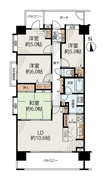 4LDK専有面積:80.46m2(約24.33坪)ポーチ面積:6.59m2(約1.99坪)バルコニー面積:14.53m2(4.39坪)※上記面積は新築時パンフレットの記載によります。