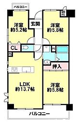 ライオンズマンション八尾 3LDKの間取図画像