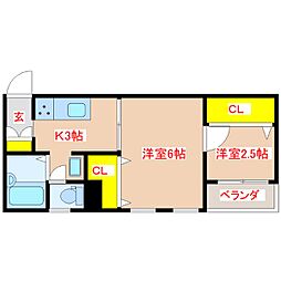 パーソネージュ西田 2階2Kの間取り