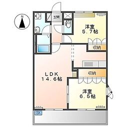 シェルル 2階2LDKの間取り