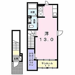 ＡＳＨＡＤＥ 2階ワンルームの間取り