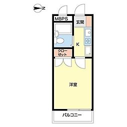 リバティー貝沢 2階1Kの間取り