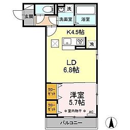D-room中倉 1LDKの間取図画像