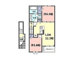 サニーセトル拾弐号館 2階2LDKの間取り