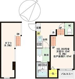 イーストヴィレッジ 2階1Kの間取り