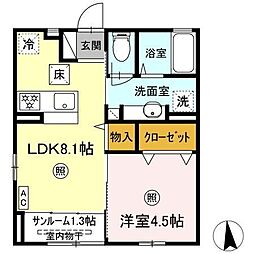 ティエドール　Ａ 2階1LDKの間取り