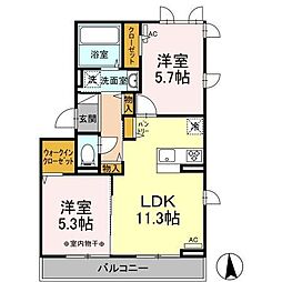 D-room Dear court 幸町II 2階2LDKの間取り